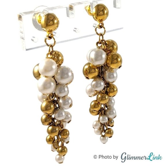 Vintage Two Tone Faux Pearl Grapevine Cluster Dangle Gold Tone Pierced Earrings - Picture 2 of 7